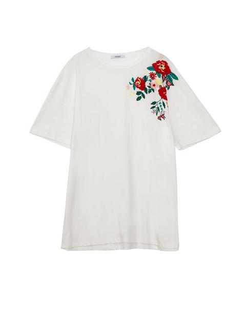 T-shirt With Floral Embroidery On Shoulders