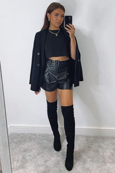 Black Faux Leather Buckle Belt Shorts - Tamra