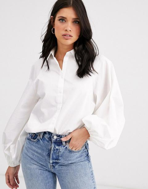 Asos Design Long Volume Sleeve Shirt In Cotton In White