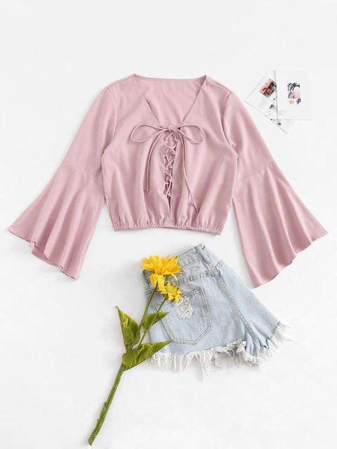 Lace Up Flounce Sleeve Solid Top