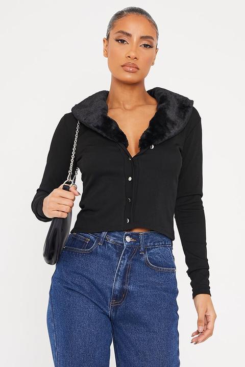 Black Fur Collar Rib Cardigan