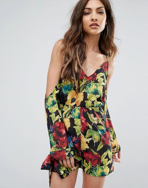 Prettylittlething - Tuta Corta Con Spalle Scoperte E Stampa Tropicale - Multicolore