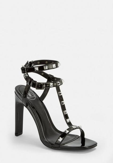 Black Bar Pyramid Stud Heeled Sandals, Black