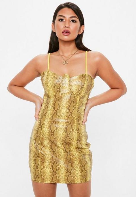 Yellow Faux Leather Snake Print Bodycon Dress, Chartreuse