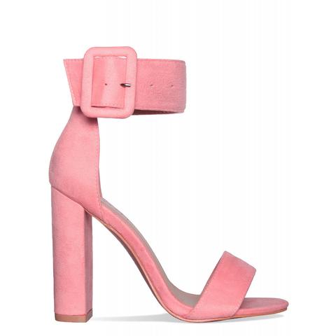 Heidi Pink Suede Buckle Strap Block Heels