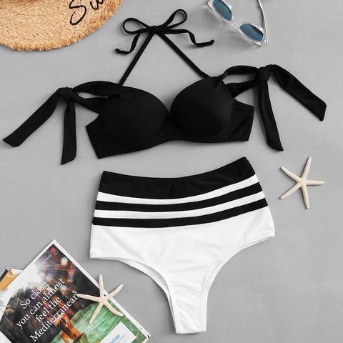 A Righe Annodato Bikinis Bianco E Nero Costume Da Bagno