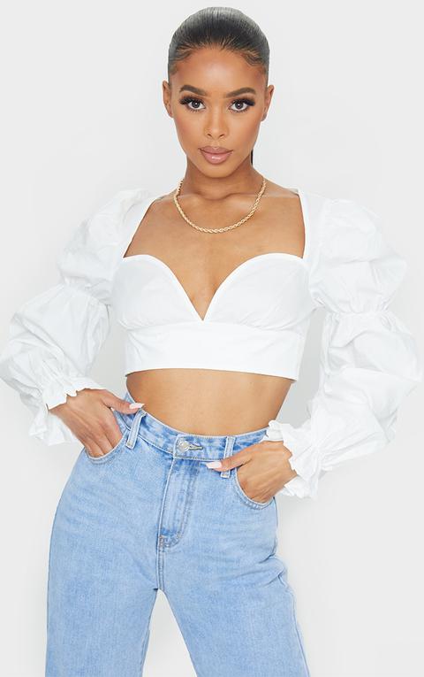 White Woven Ruched Cup Puff Long Sleeve Crop Top