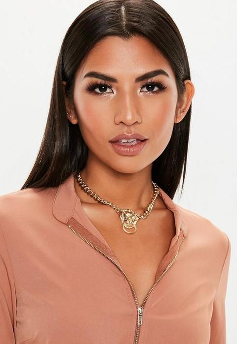 Gold Look Chunky Lion Choker Necklace, Gold