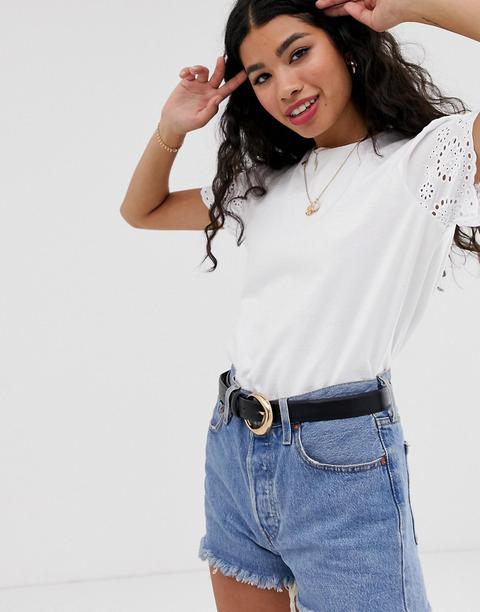 Asos Design Top With Broidery Sleeve-white