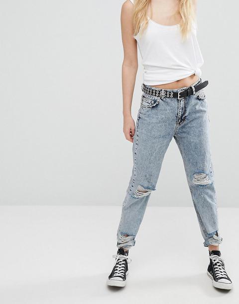 Pull&bear - Mom Jeans Con Borchie E Strappi Sulle Ginocchia - Blu