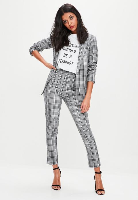 Pantalón De Pinzas A Cuadros En Gris