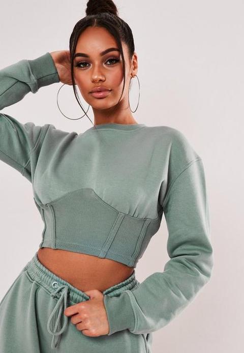 Green Corset Detail Cropped Sweatshirt, Green