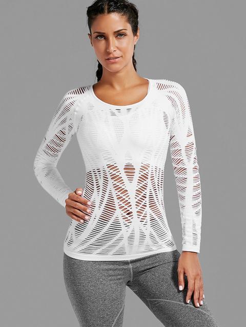 Long Sleeve Sheer Ripped Sports T-shirt