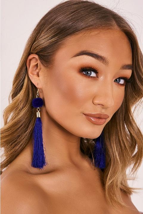 Blue Pom Pom Tassel Earrings