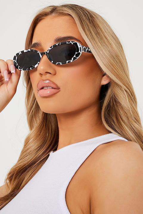 White Rounded Frame Slim Sunglasses Cow Print , White