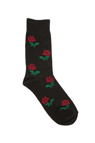 Men Rose Print Crew Socks By 21 Men Black/red