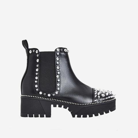 Jack Silver Studded Detail Biker Boot In Black Faux Leather, Black