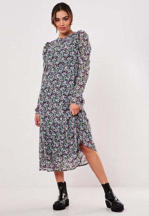 Purple Floral Puff Sleeve Midi Smock Dress, Purple