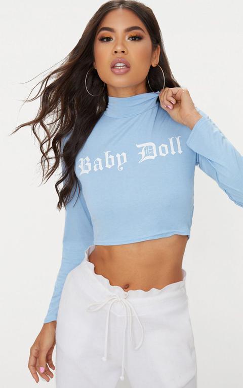 Pastel Blue Baby Doll Slogan High Neck Crop Top