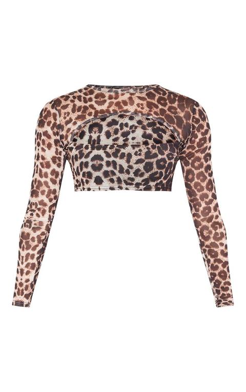 Mango leopard print long sleeve mesh detail top in brown