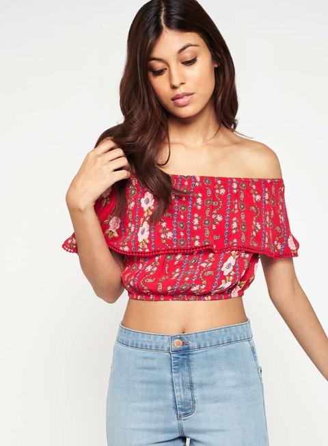 Red Floral Print Crop Bardot Top