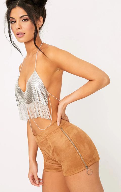 Camel Faux Suede Ring Zip Shorts, Camel