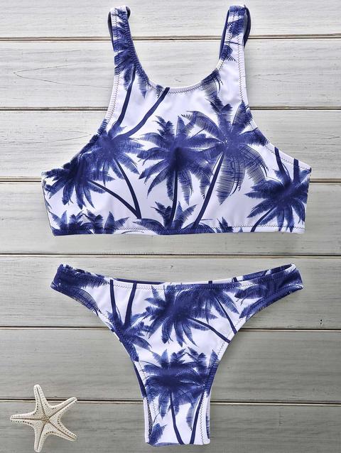 Sweet Style Scoop Neck Trees Print Bikini Set For Women