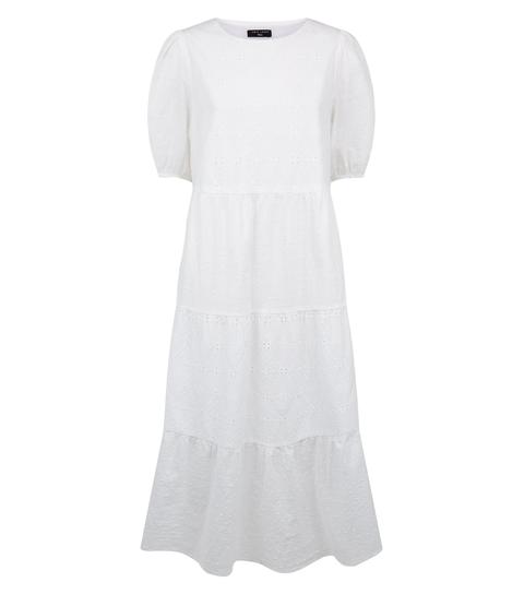 Tall White Broderie Puff Sleeve Midi Dress New Look