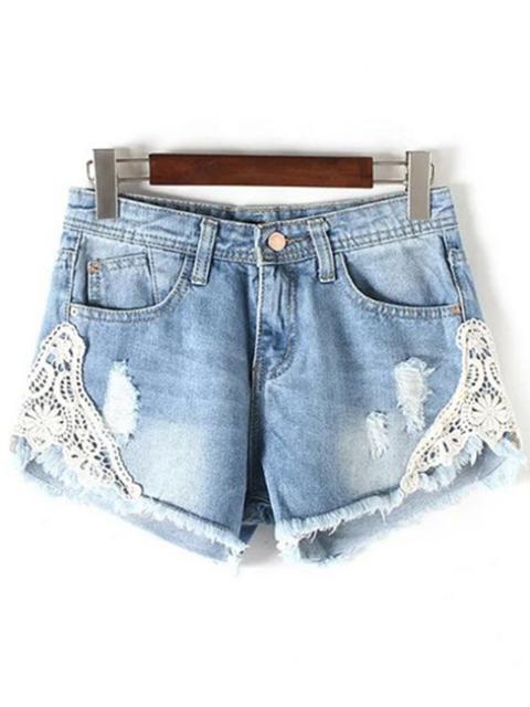 Lace Detail Frayed Denim Shorts