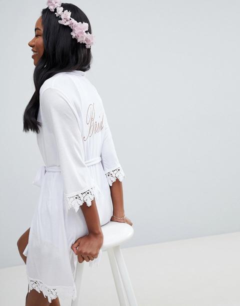 Asos Design - Bride - Kimono-bademantel Mit Spitzenbesatz - Weiß