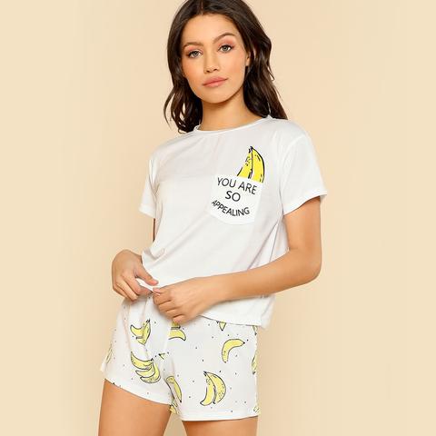 Top Pigiama Con Stampa Di Banana ,con Pantaloncini Pigiama