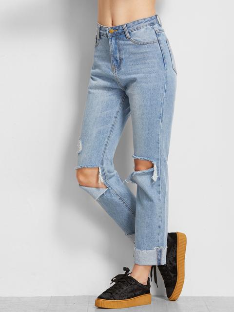 Blue Stone Wash Rolled Hem Distressed Jeans