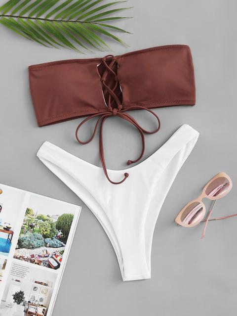 Bandeau Con Cordón Con Set De Bikini De Pierna Alta