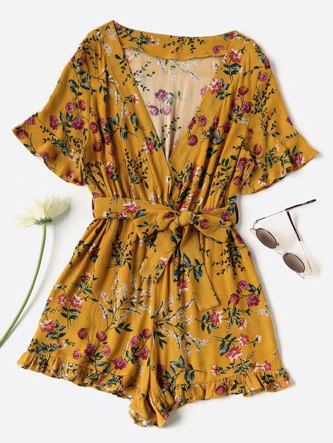 Mono De Cuello En V Pronunciado Con Estampado Floral Con Cordones De Volante