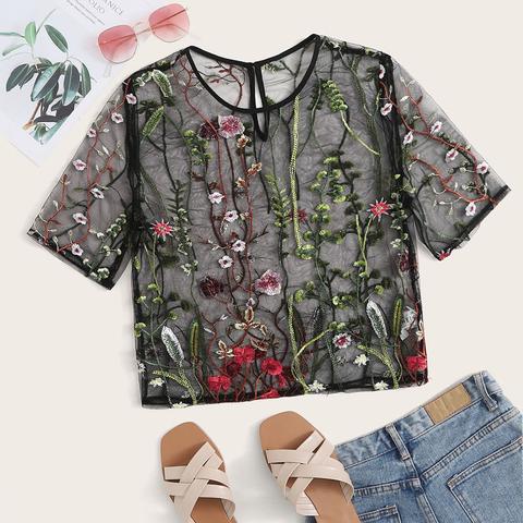 Floral Embroidery Mesh Sheer Top