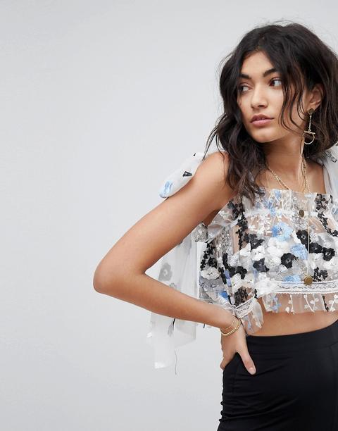 Ebonie N Ivory Tie Shoulder Crop Top In 3d Floral - Black Blue Floral