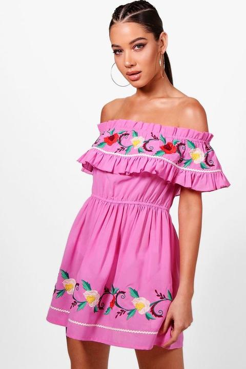 Embroidered Bardot Beach Dress