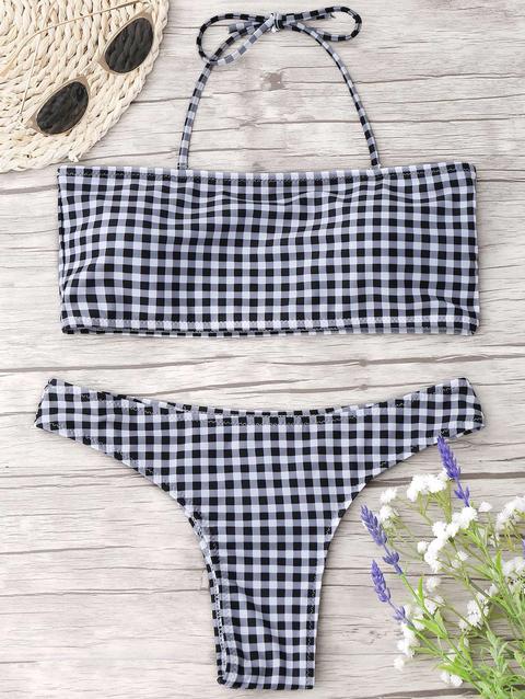 Checked Halter Thong Bikini Set