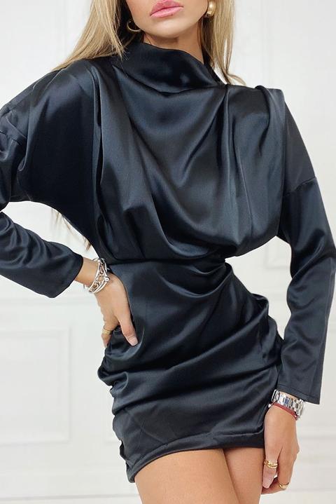 Black High Neck Ruched Satin Mini Dress