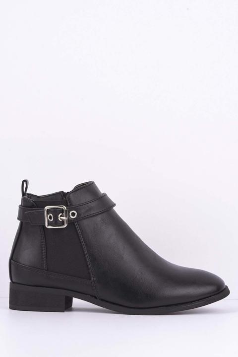 Black Pu Ankle Boots With Side Buckle