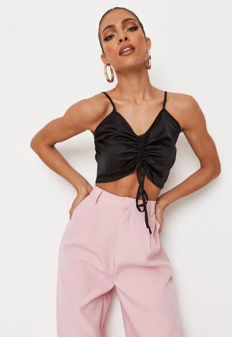 Black Satin Ruched Front Cami Crop Top, Black