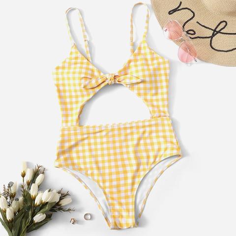 Teen Girls Gingham Pattern Cut-out Knot One Piece Swimsuit
