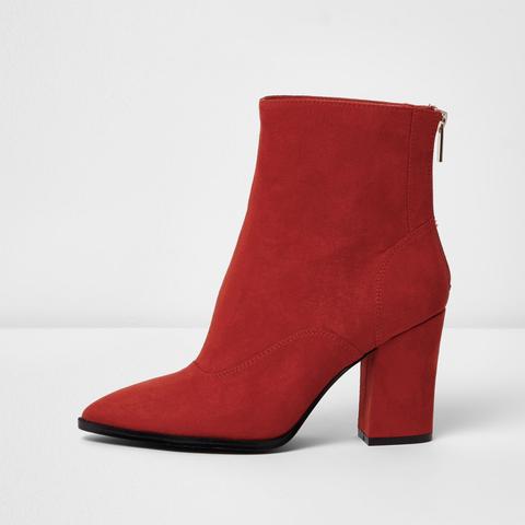 Red Block Heel Pointed Boots
