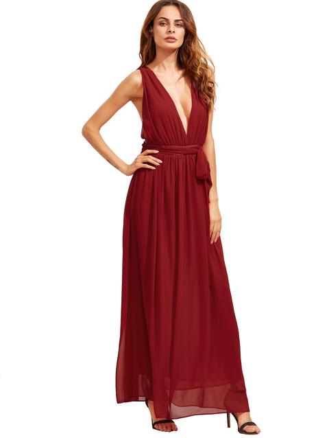 Rosso Profondo Scollo A V Con Laccetti Vita Maxi Dress