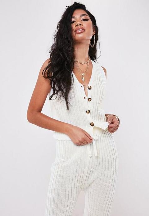 Petite Cream Rib Co Ord Button Through Knitted Crop Top, Cream