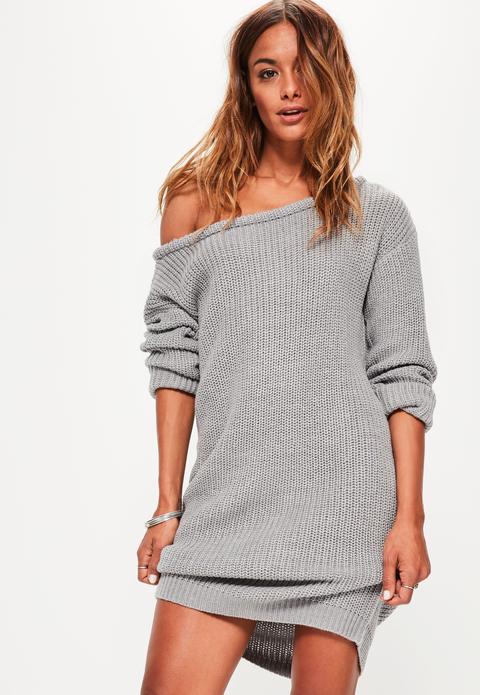 Grey Off Shoulder Knitted Jumper Dress 