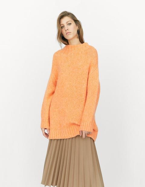 Long Semi-turtleneck Sweater In Peach Orange