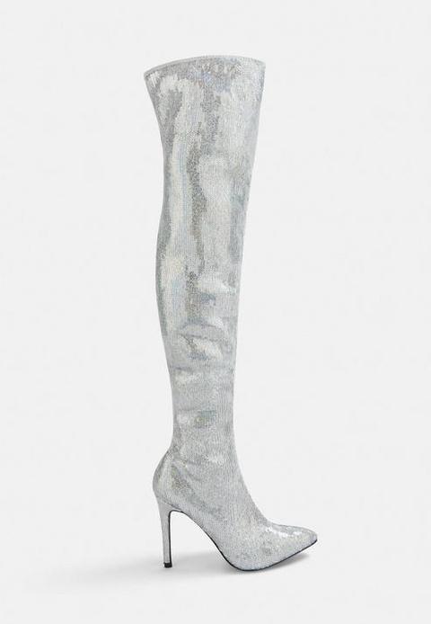 Silver Sequin Stiletto Knee High Boots, Silver