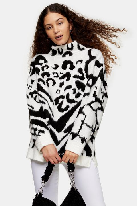 Womens Black And White Mixed Animal Oversized Jumper - Monochrome, Monochrome