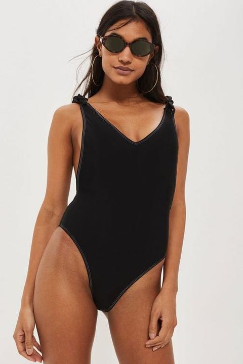 Womens Wide Tie Shoulder Swimsuit - Black, Black